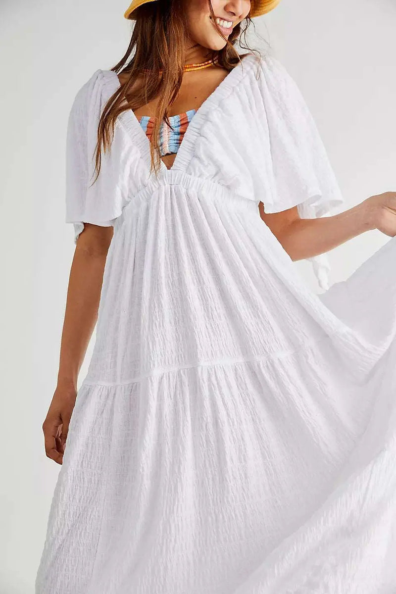 Women's V-neck Loose Long Dress Champagne S – Posh Atomic