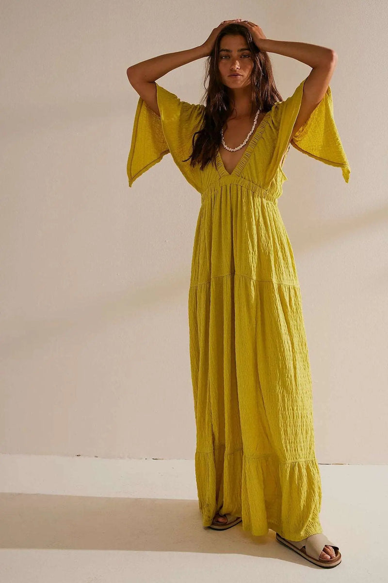 Women's V-neck Loose Long Dress Brown M – Posh Atomic