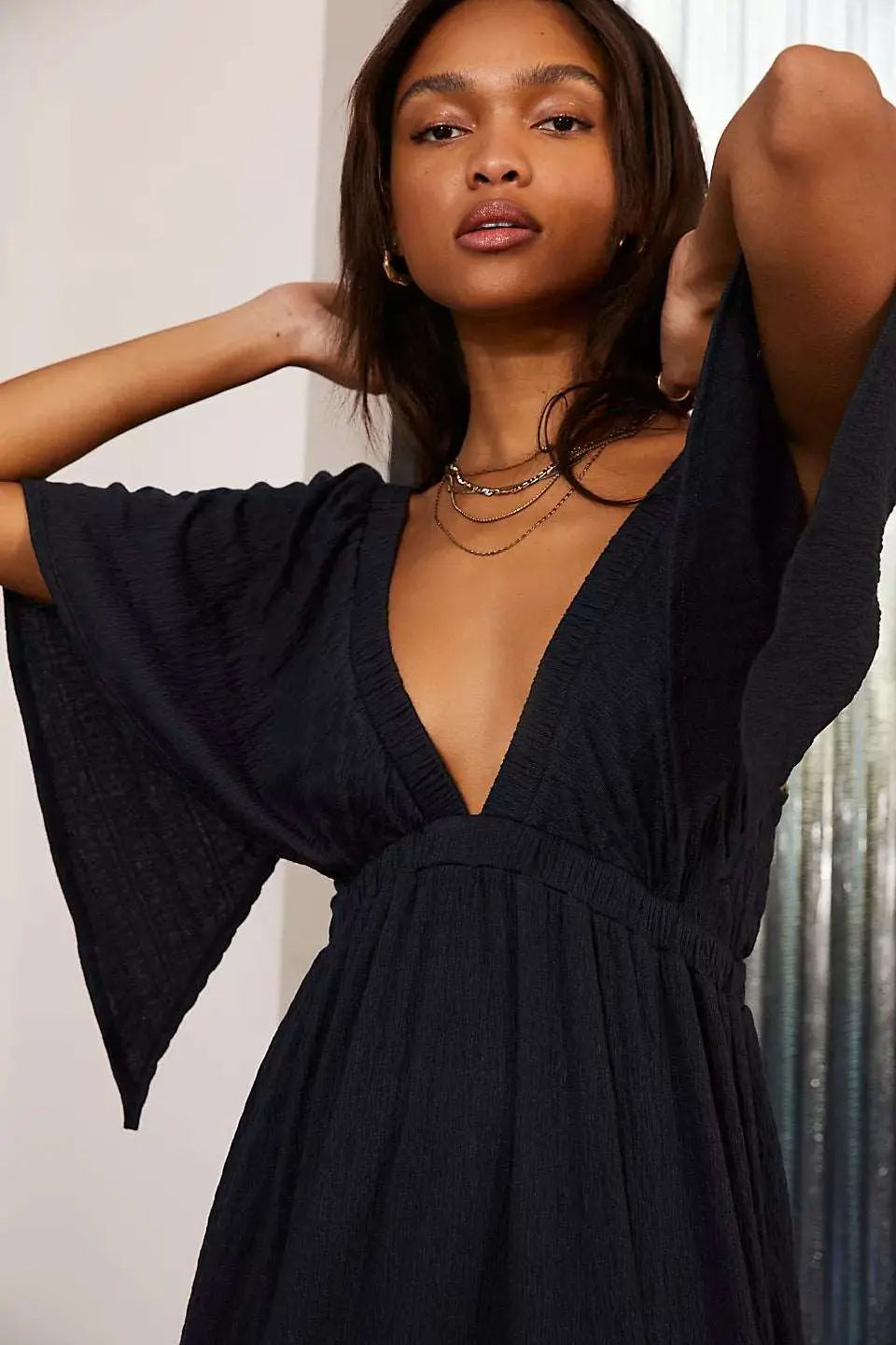 Women's V-neck Loose Long Dress Black S – Posh Atomic