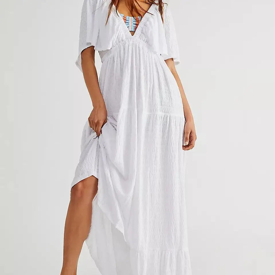 Women's V-neck Loose Long Dress White M – Posh Atomic