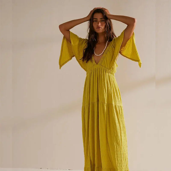 Women's V-neck Loose Long Dress White S – Posh Atomic