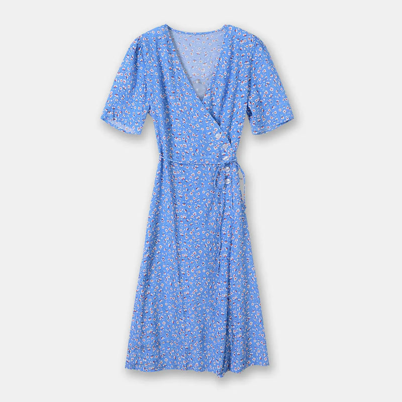 Wrap Lace-up Long Dress French Tea Dress Floral Skirt Light Blue Retro Style – Posh Atomic