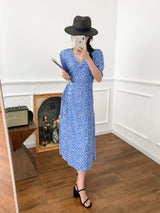 Wrap Lace-up Long Dress French Tea Dress Floral Skirt Light Blue Retro Style Blue L – Posh Atomic