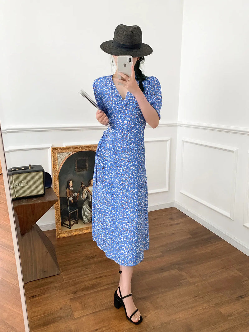 Wrap Lace-up Long Dress French Tea Dress Floral Skirt Light Blue Retro Style Blue L – Posh Atomic