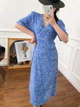 Wrap Lace-up Long Dress French Tea Dress Floral Skirt Light Blue Retro Style Blue M – Posh Atomic