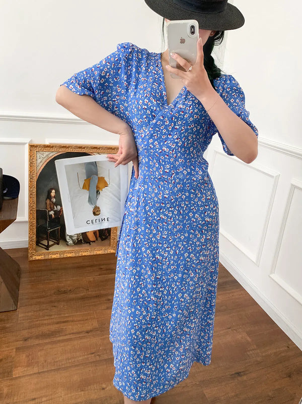 Wrap Lace-up Long Dress French Tea Dress Floral Skirt Light Blue Retro Style Blue M – Posh Atomic