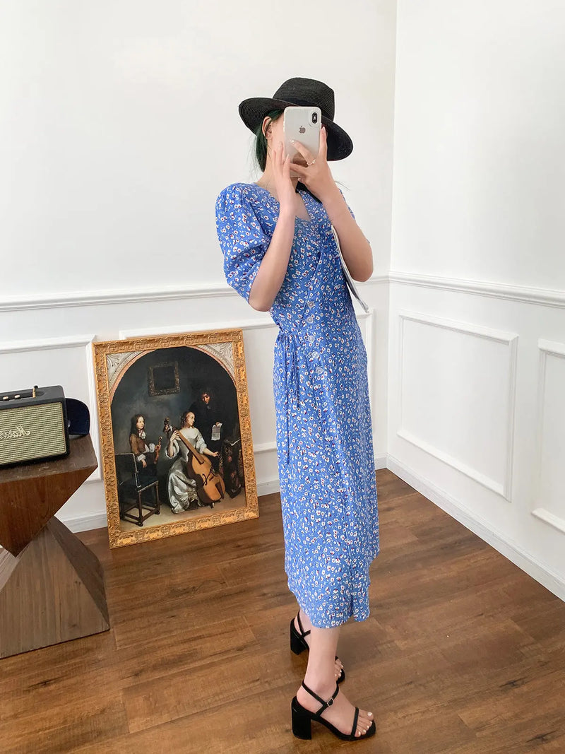 Wrap Lace-up Long Dress French Tea Dress Floral Skirt Light Blue Retro Style – Posh Atomic