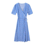 Wrap Lace-up Long Dress French Tea Dress Floral Skirt Light Blue Retro Style – Posh Atomic