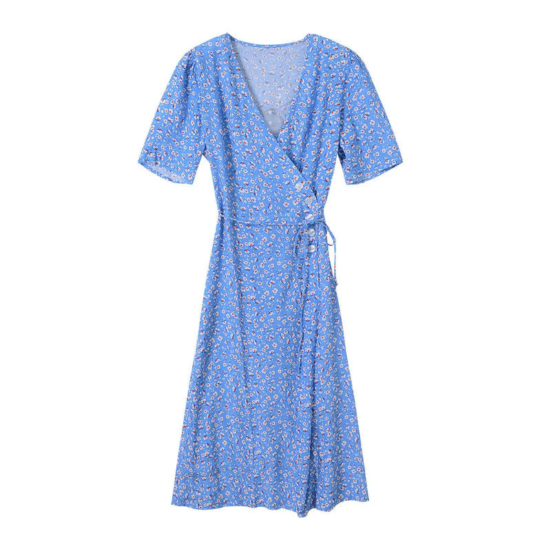 Wrap Lace-up Long Dress French Tea Dress Floral Skirt Light Blue Retro Style – Posh Atomic