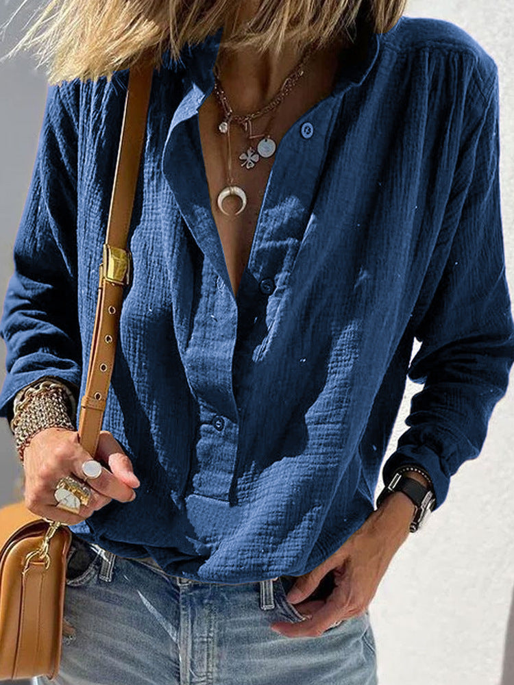 Women's Stylish Cotton And Linen Button Pullover Shirt