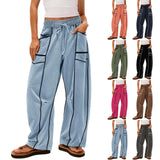 Women's Black Striped Wide-leg Pants With Pockets