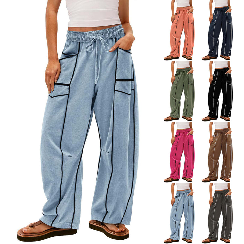 Women's Black Striped Wide-leg Pants With Pockets