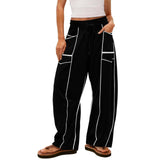 Women's Black Striped Wide-leg Pants With Pockets