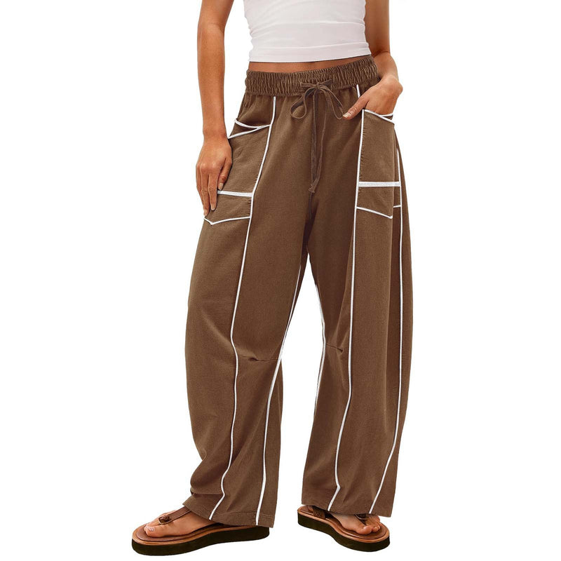 Women's Black Striped Wide-leg Pants With Pockets