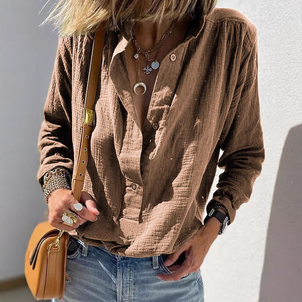 Women's Stylish Cotton And Linen Button Pullover Shirt