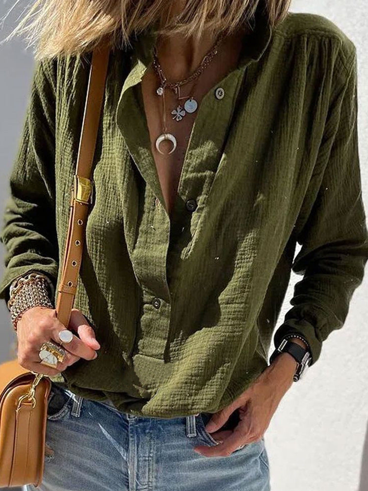 Women's Stylish Cotton And Linen Button Pullover Shirt
