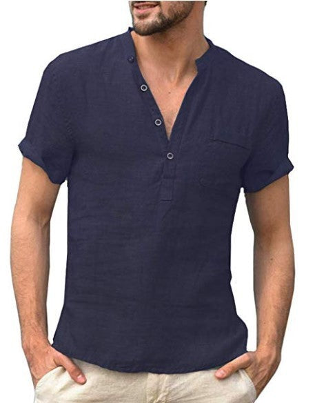 Men’s Linen Button V Neck Beach Shirt