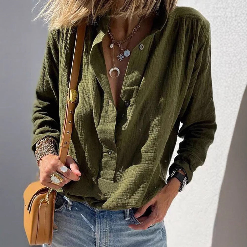 Women's Stylish Cotton And Linen Button Pullover Shirt